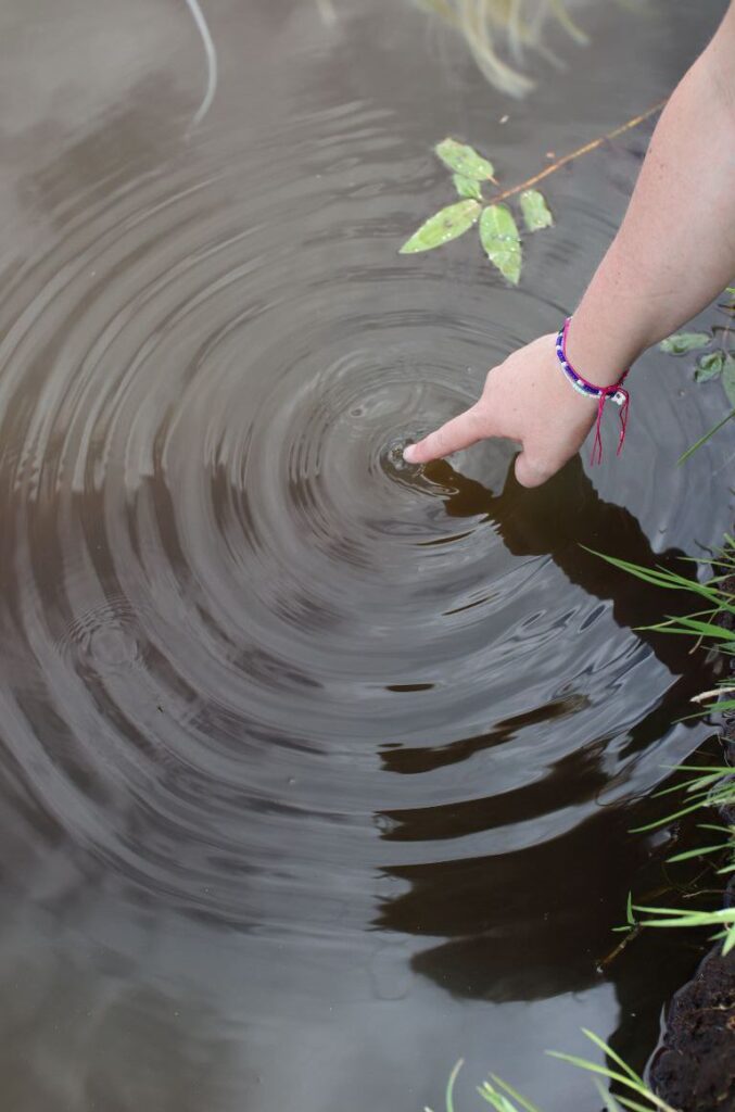 Een hand raakt het water aan, kringen verspreiden zich